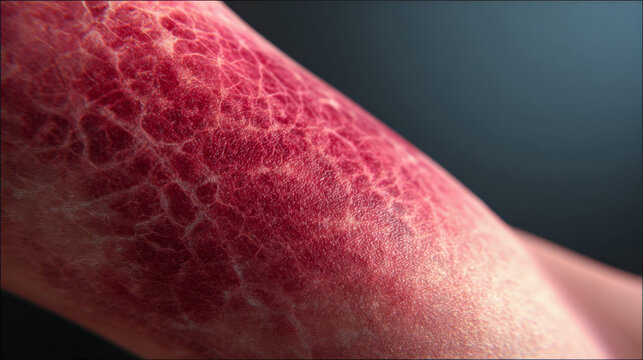 Detailed visual representation of human skin affected by severe redness and inflammation showing textured skin patterns against a blurred background