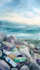 Watercolor illustration reveals ocean plastic pollution a poignant shoreline scene of environmental distress
