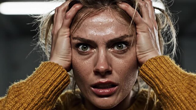 Woman gripping her head in escalating anxiety. Sequence of distressed facial expressions showing emotional overload and mental strain. Stress response visualization for mental health awareness