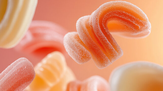 Vibrant gummy candies in a mix of orange, green, and pink hues present a delightful arrangement, highlighting their soft texture and sugary appeal against a pastel backdrop