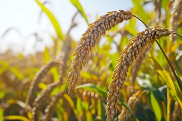 Fototapeta premium Ripe golden millet plants sway under bright sunlight in rural fields surrounded by vibrant green vegetation