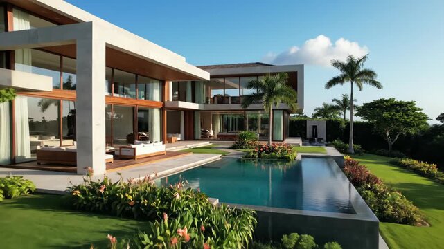 Modern villa with glass walls, surrounded by lush palms and a pristine pool under a clear blue sky