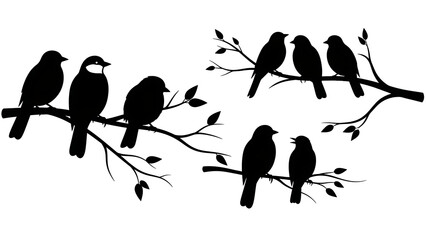 Fototapeta premium Set of 7 bird silhouettes on tree branches