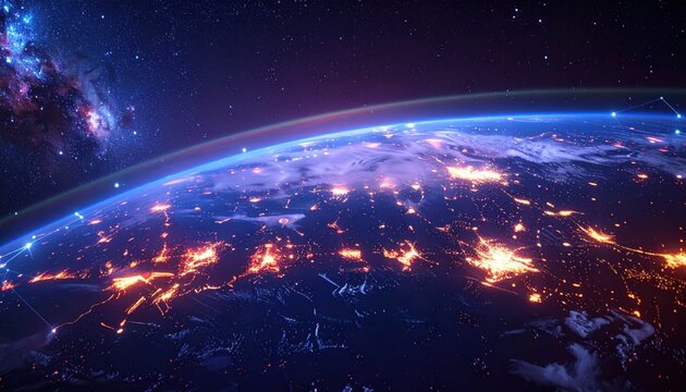 Global city lights illuminate the Earth at night from space, showcasing interconnectedness and the vastness of the universe.