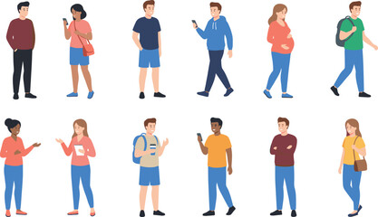 Fototapeta premium Large set of casual lifestyle characters featuring people walking talking using phones and standing in everyday clothing vector illustration.