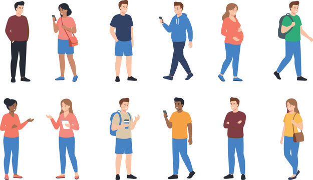Large set of casual lifestyle characters featuring people walking talking using phones and standing in everyday clothing vector illustration.