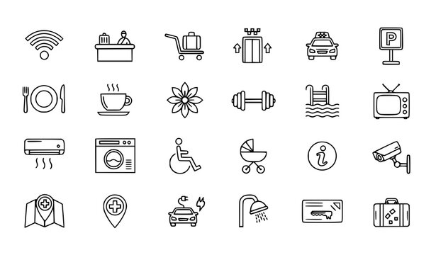 Amenities and services outline icon set with hotel facilities travel service symbols editable stroke vector collection