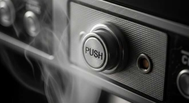 Vintage car push button in smoky monochrome close-up