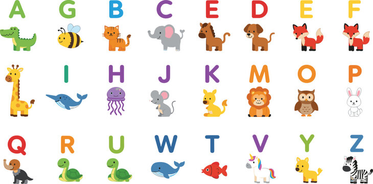 Vector illustration of alphabet chart with cartoon animals for children&rsquo;s education