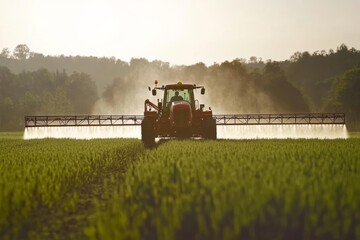 Obraz premium Spraying crops in agricultural field at sunset using a tractor with spraying equipment
