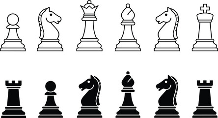 Vector illustration of chess pieces icons showing white outlined and black solid designs for strategy and board game © Creative design