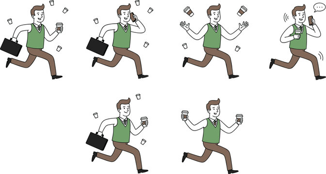Vector illustration of cartoon businessman running with coffee, phone, and briefcase showing multitasking and hectic lifestyle