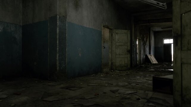 Dusty hallways with peeling paint and debris scattered across the floor create an eerie atmosphere. Light filters through open doors, hinting at forgotten spaces.