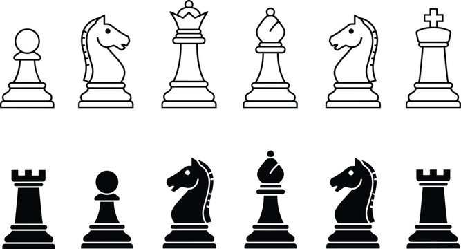 Vector illustration of chess pieces icons showing white outlined and black solid designs for strategy and board game