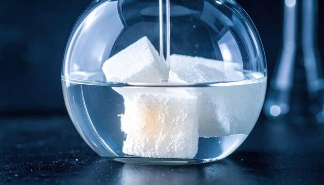 White phosphorus chunks submerged in clear water within a round glass flask, illustrating a reactive and important chemical element in a lab setting.