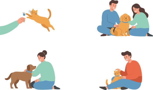 Vector illustration of people interacting with pets showing play, care, and companionship with cats and dogs