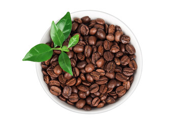Fototapeta premium Coffee beans in ceramic bowl isolated on a white background. Top view