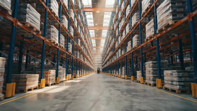 Vast warehouse aisle with tall stacks of shelves filled with organized pallets under skylights