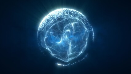 Abstract blue looped energy sphere from particles and waves of magical glowing on a dark background © Bolbik
