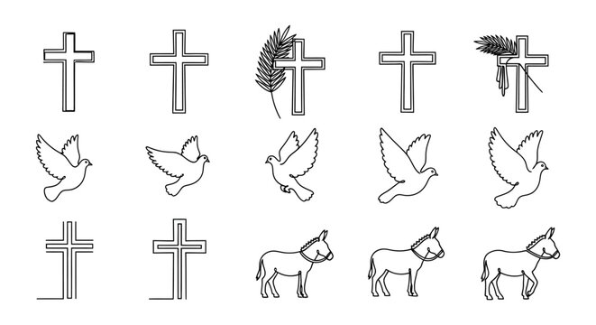 Palm Sunday religious vector icon sheet crosses doves of peace donkey illustrations line art symbols christian easter spiritual graphics holy week lent church printable 