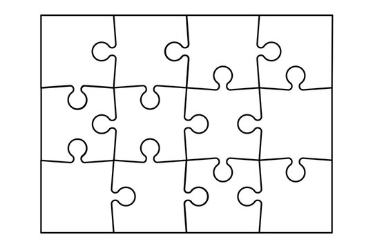Laser cut puzzle template with 12 details. Jigsaw grid layout, 12‑piece 3x4 mosaic game background, blank infographic diagram, modern white vector illustration for templates and design projects