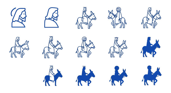 Palm Sunday icon set Jesus entry into Jerusalem silhouettes donkey rider crowd palm branches biblical scene Christian Holy Week vector illustration isolated white background