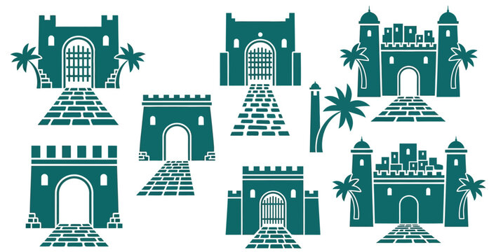 Ancient fortified Jerusalem city structures gates palm trees vector icon illustration Palm Sunday holy week easter historical biblical christian religious design editable commercial