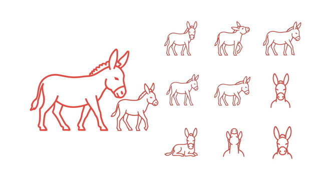 Donkey family line art vector icon sheet mother and foal donkeys various poses minimalist illustration farm animal easter Palm Sunday holy week lent christian graphic editable layout