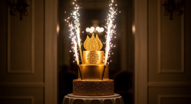 Elegant gold wedding cake with decorative sparklers in luxurious venue