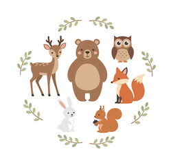 Fototapeta premium Charming woodland creatures illustration showcasing a variety of lovable animals surrounded by intricate green foliage