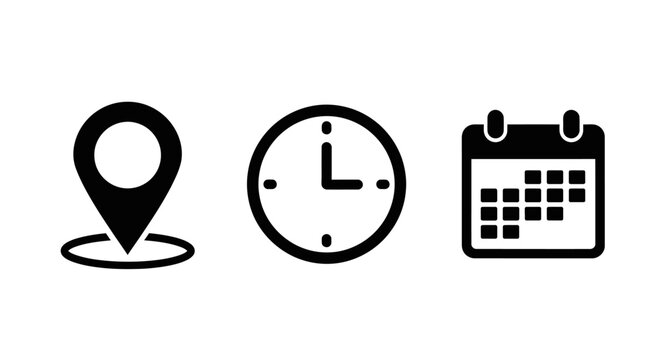 location time and date icons representing business planning event scheduling and appointment organization for app and web design visuals