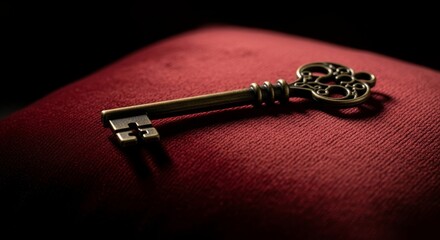 Vintage brass key on elegant red velvet cushion