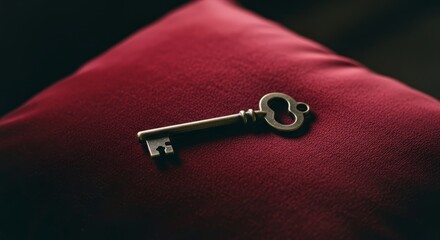 Antique brass key on elegant burgundy velvet cushion