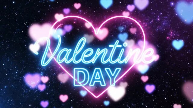 Glowing neon Valentine's Day sign over a starry galaxy background with pink and blue hearts. Use for romantic holiday marketing.