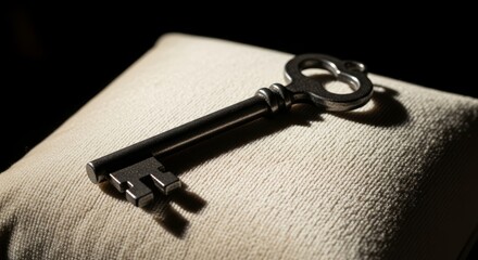 Vintage skeleton key on plush beige pillow in soft lighting