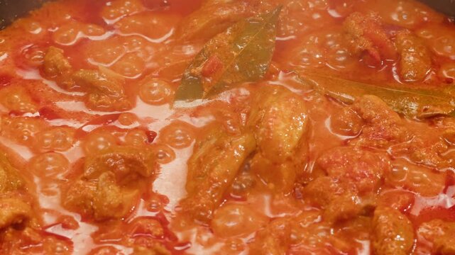 Cooking chicken Indian curry, tikka masala, chicken, lamb, mutton Rogan Josh grill boiling on pan, sauce. Dark background. Close up.