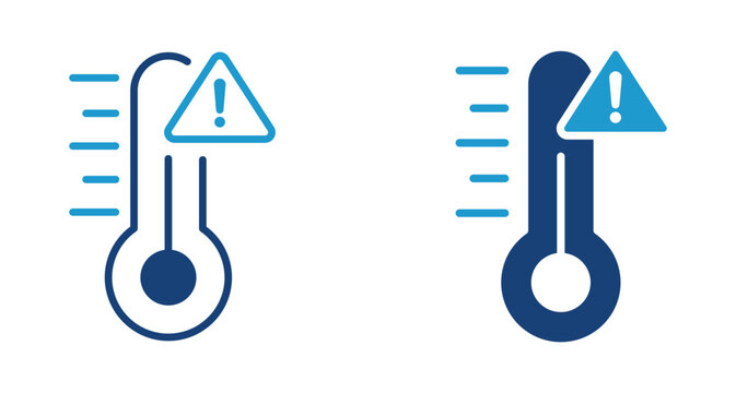Temperature warning icon set. Thermometer with alert symbol indicating high temperature, overheating or climate warning concept. Vector illustration.