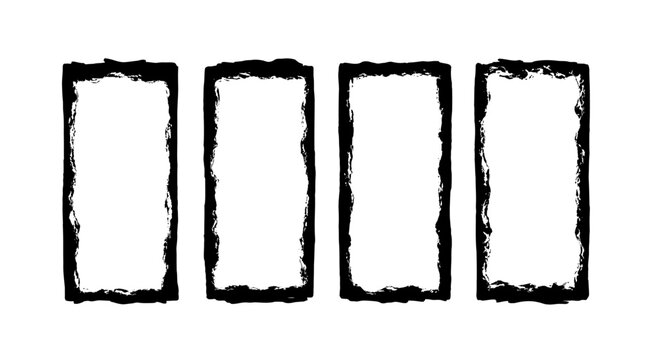 four black distressed grunge rectangular frames offering copy space on white background ideal for graphic design projects