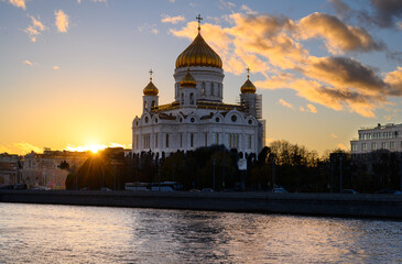 Sunset view of Cathedral of Christ the Savior in Moscow, Russia. Architecture and landmarks of Moscow. Postcard of Moscow