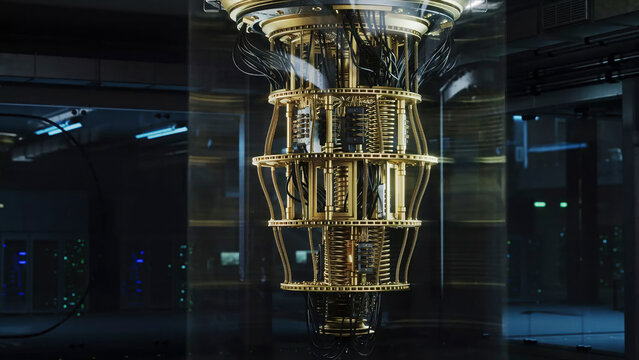 Advanced quantum computer processor suspended inside futuristic laboratory chamber. High-tech cryogenic quantum computing system used for research, artificial intelligence and next generation computin