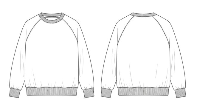 a blank raglan sleeve sweatshirt technical sketch front and back view ideal for fashion design and apparel mockups.