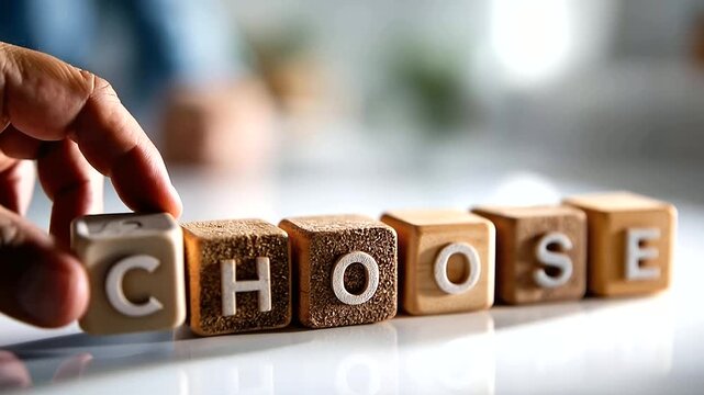 Clean bright still life of a row of clean letter-engraved wooden blocks spelling a business choice phrase arranged on a white surface, bright overhead studio lighting
