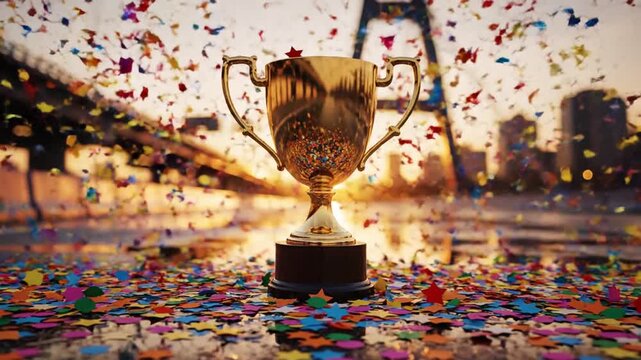 A shiny trophy sits on a wet surface amidst confetti with a cityscape and bridge in the background at sunset with People celebrating.