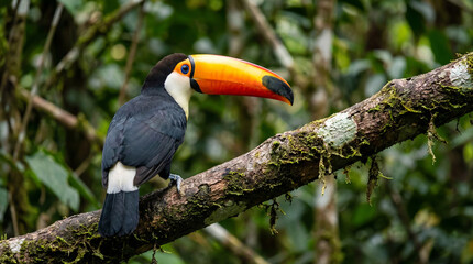 Fototapeta premium Toucan Bird Sitting on Mossy Branch in Lush Green Rainforest Canopy
