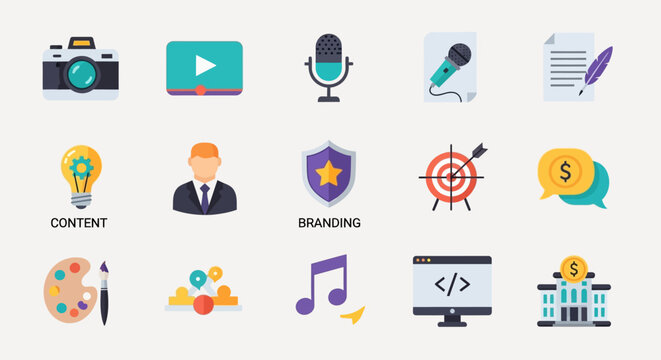 Collection of business and media icons.
