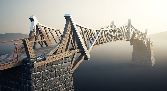 Damaged Wooden Bridge Extending Over Stone Support in Misty Landscape