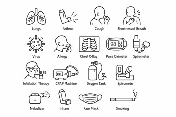 Respiratory Health Line Icons Set with Lungs, Asthma, Inhaler, Oxygen Therapy and Medical Equipment