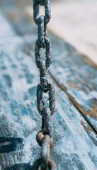 Fototapeta premium Aged pier detail reveals weathered textures of rust salt stains and a corroded chain link fence
