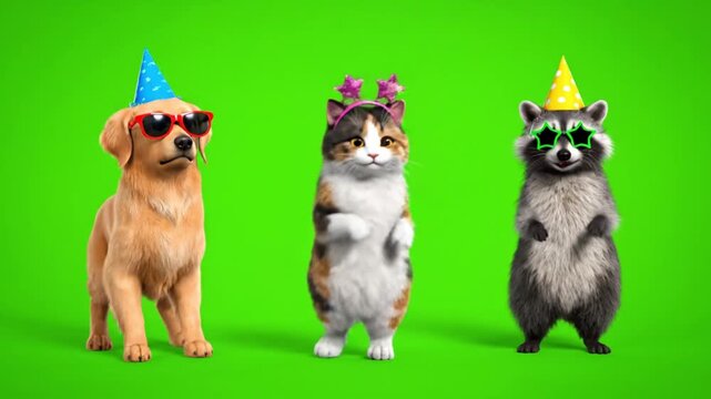 High detail 3D animated characters of a dog cat and raccoon dancing together with lively rhythm wearing colorful accessories including party hats sunglasses and headbands dog wagging tail cat stepping