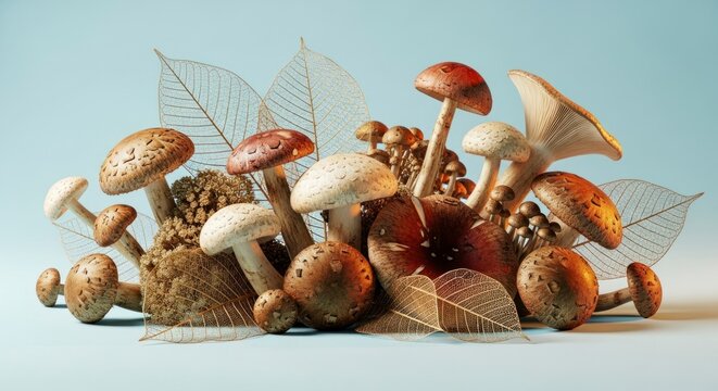 Variety of mushrooms with decorative elements against soft blue background